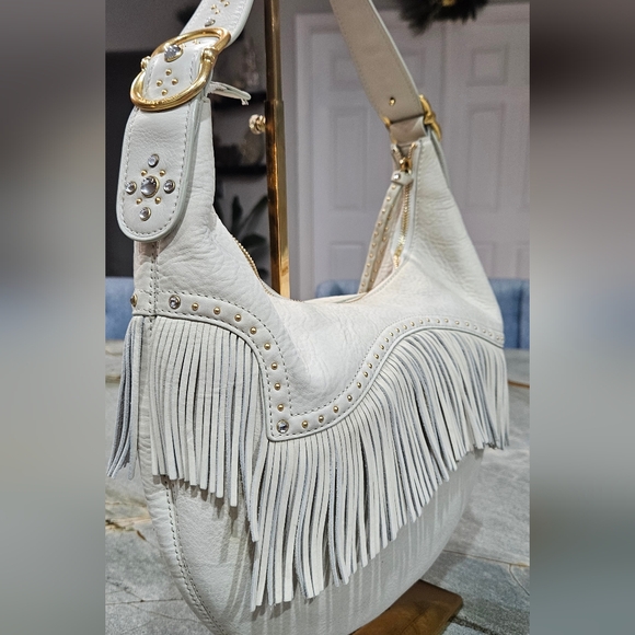 Michael Kors Cream Leather Fringe Hobo Bag Y2K - Picture 3 of 13